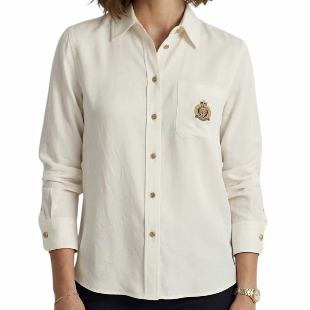Lauren RALPH LAUREN 100% Silk Button-Up sz P/S Cream Embroidered Business Casual